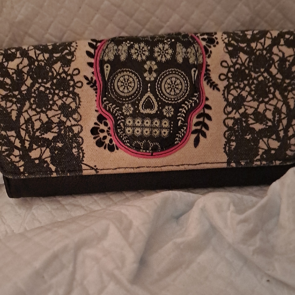 Black and Cream Sugar Skull Clutch with Lace Pattern
